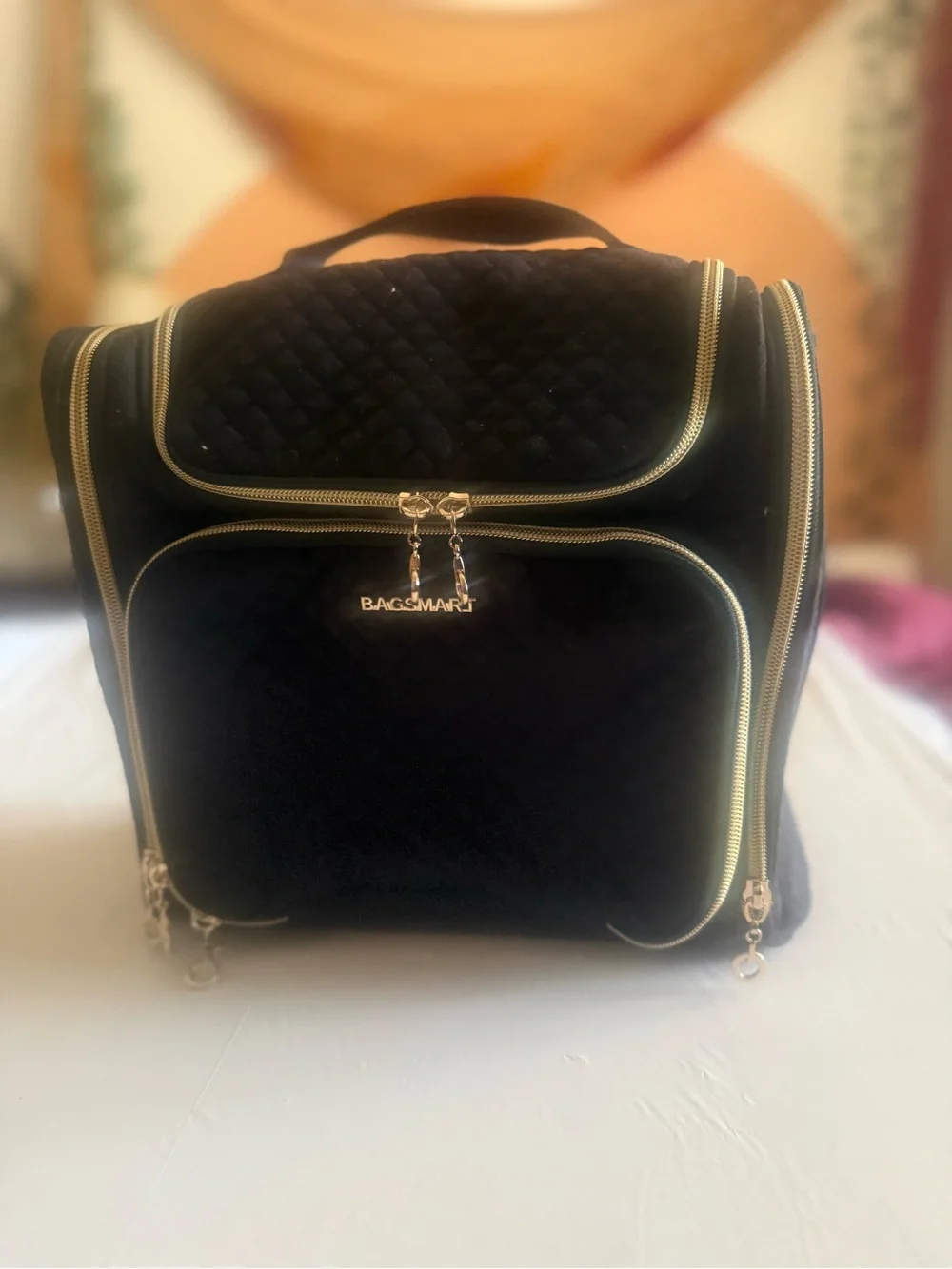 Bagsmart Black Quilted Cosmetic Travel Case with Gold Trim